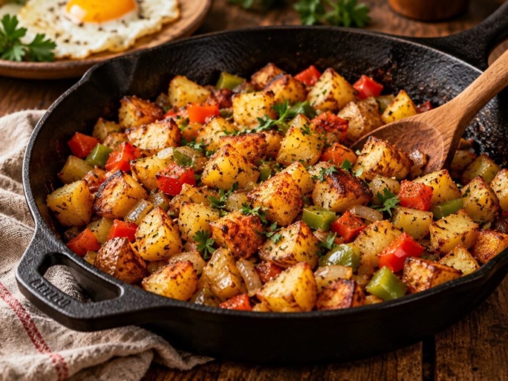 Skillet breakfast potatoes with onion and bell pepper in a cast iron skillet