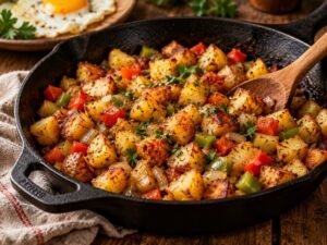 Skillet Breakfast Potatoes Skillet breakfast potatoes with onion and bell pepper in a cast iron skillet