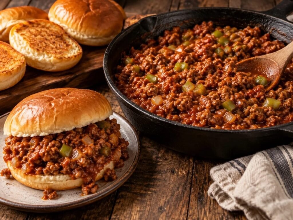 Sloppy joe filling in a cast iron skillet with toasted buns