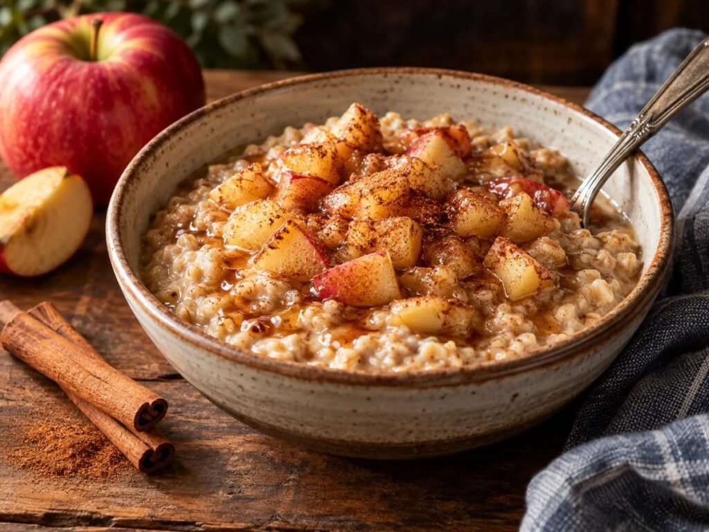 Slow cooker apple cinnamon oatmeal topped with diced apples and cinnamon in a bowl