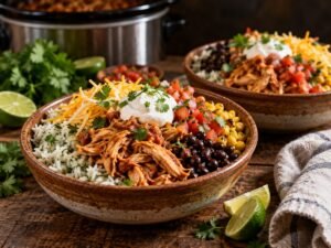 Slow Cooker Chicken Taco Bowls Slow cooker salsa chicken taco bowls with rice, beans, corn, and cheese