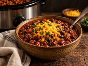 Slow Cooker Chili Slow cooker chili with beans topped with shredded cheddar