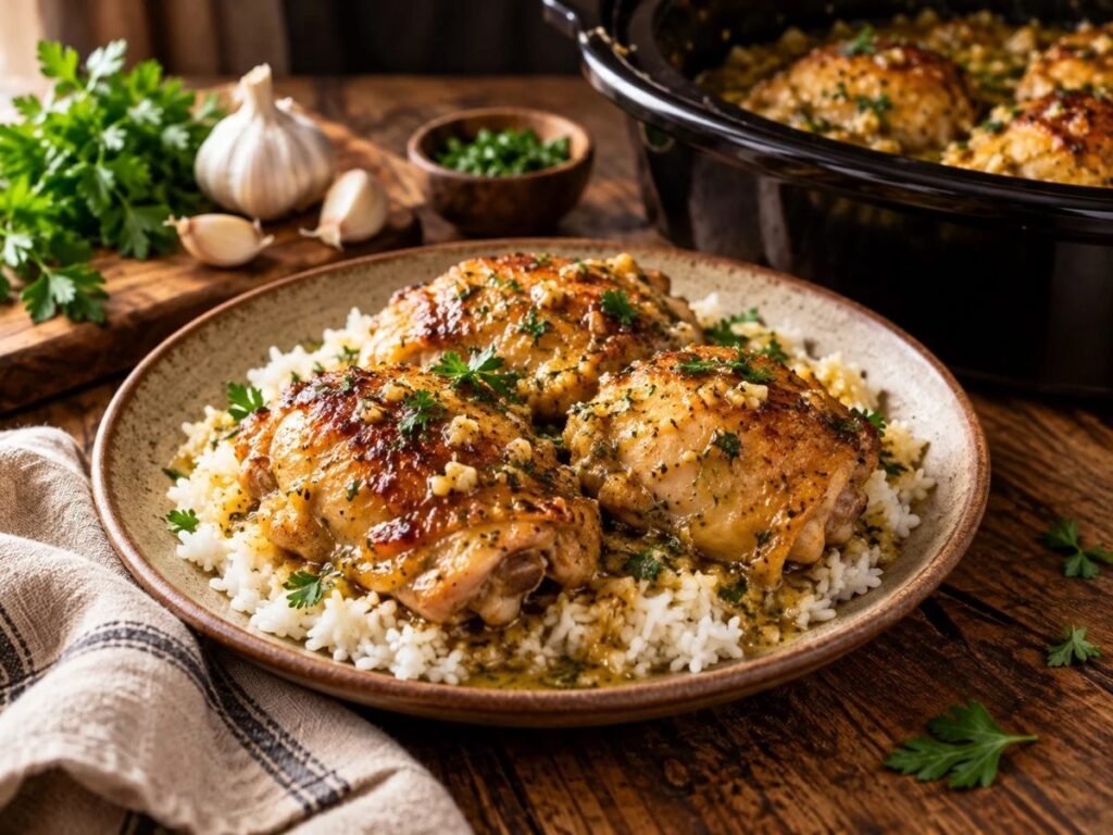 Slow cooker garlic butter chicken thighs over rice with parsley
