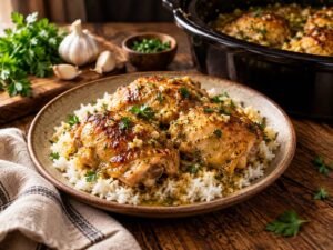 Slow Cooker Garlic Butter Chicken Thighs Slow cooker garlic butter chicken thighs over rice with parsley