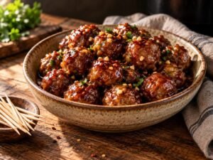 Slow Cooker Honey Garlic Meatballs Slow cooker honey garlic meatballs in a sticky glaze in a bowl