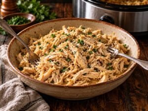 Slow Cooker Shredded Chicken Slow cooker shredded chicken in a bowl with two forks