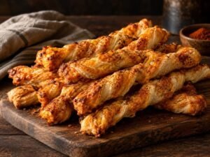 Smoky Cheddar Twists Smoky cheddar puff pastry twists on a board