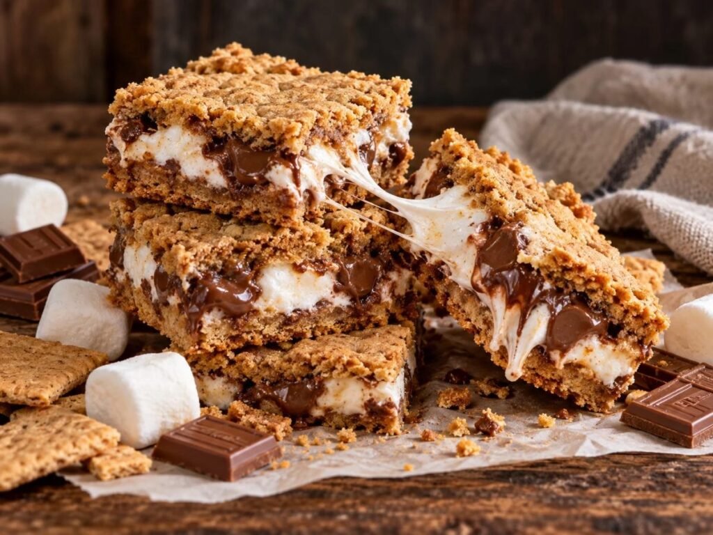 S’mores bars with a graham cracker cookie crust, melted chocolate and marshmallow