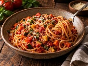 Spaghetti with Veggie Tomato Sauce Spaghetti with veggie tomato sauce made with hidden carrots and zucchini