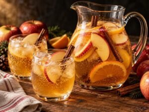 Sparkling Apple Cider Punch Pitcher of sparkling apple cider punch with apple and orange slices and cinnamon sticks