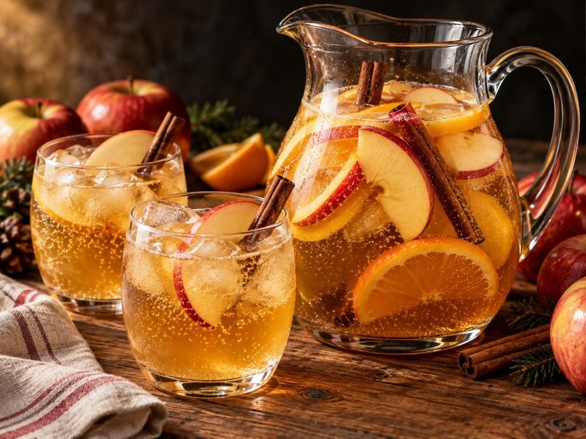 Pitcher of sparkling apple cider punch with apple and orange slices and cinnamon sticks