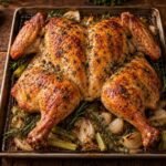 Spatchcocked roast turkey with crisp golden garlic herb butter skin on a sheet pan