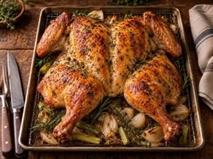 Garlic Herb Butter Spatchcocked Turkey Spatchcocked roast turkey with crisp golden garlic herb butter skin on a sheet pan