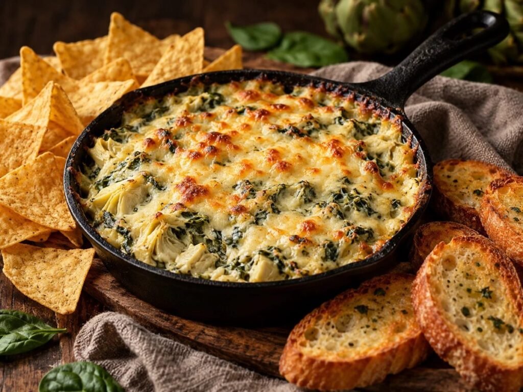 Spinach and artichoke dip baked in a skillet