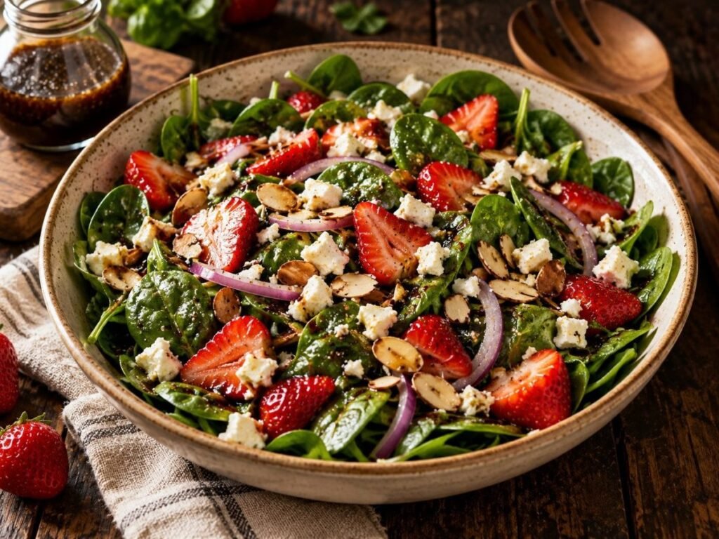 Strawberry spinach salad with feta and toasted almonds in a bowl