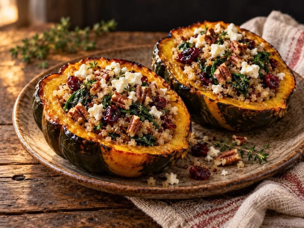 Stuffed acorn squash halves with grains, dried cranberries, pecans and feta