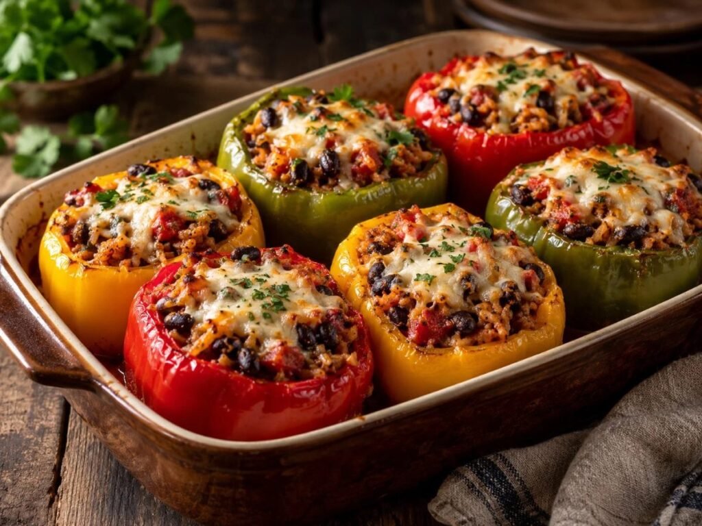 Stuffed bell peppers filled with beef, rice and melted cheese