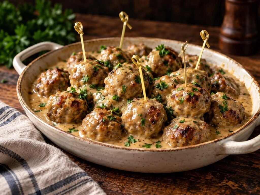 Swedish cocktail meatballs in creamy gravy with party picks