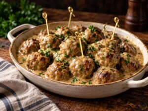 Swedish cocktail meatballs in creamy gravy with party picks