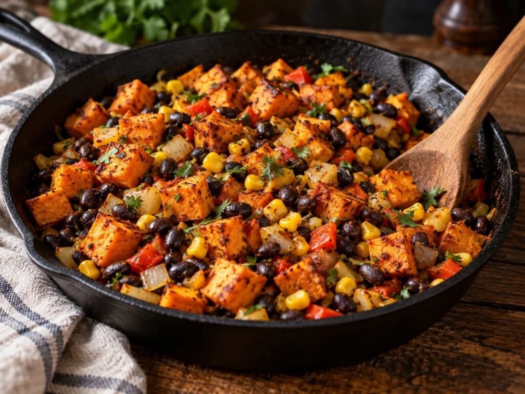 Sweet potato and black bean breakfast hash with corn and peppers in a cast iron skillet