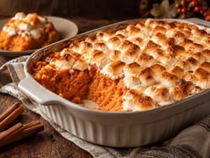 Sweet Potato Casserole Sweet potato casserole with toasted marshmallows in a baking dish with one scoop served