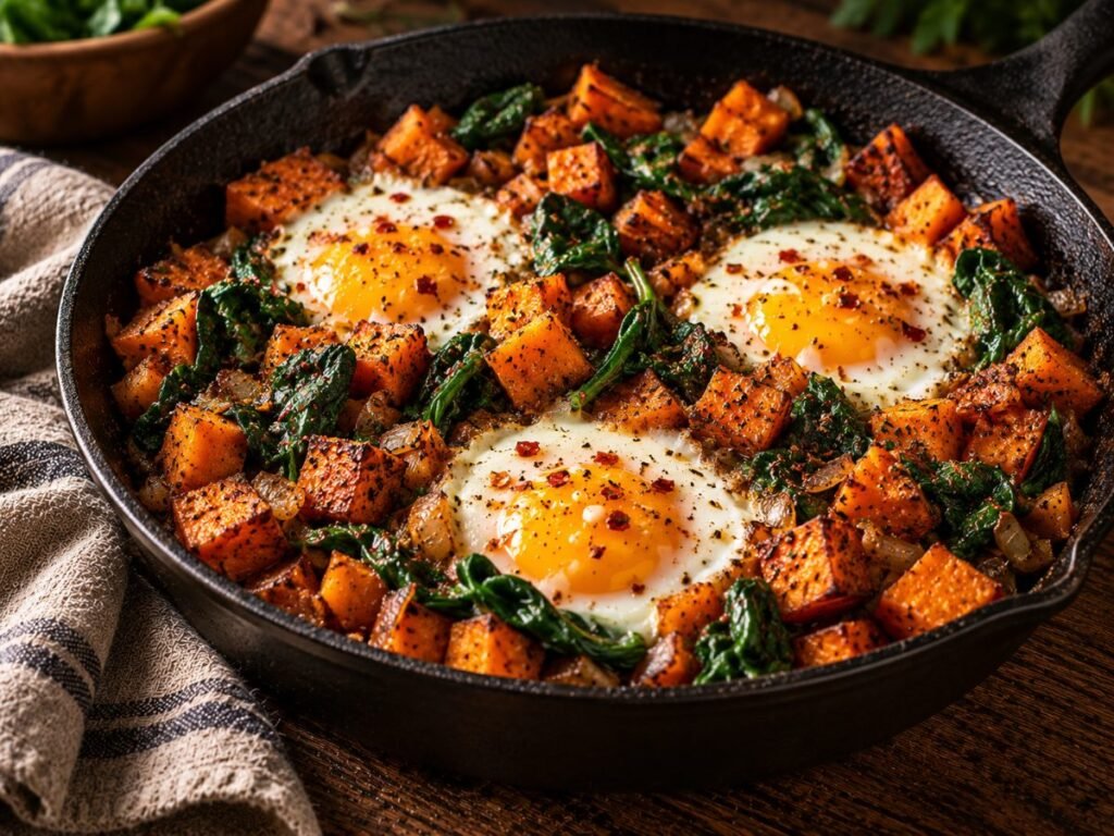 Sweet potato hash with spinach and baked eggs in a cast iron skillet