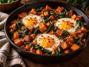 Sweet Potato Egg Hash Sweet potato hash with spinach and baked eggs in a cast iron skillet