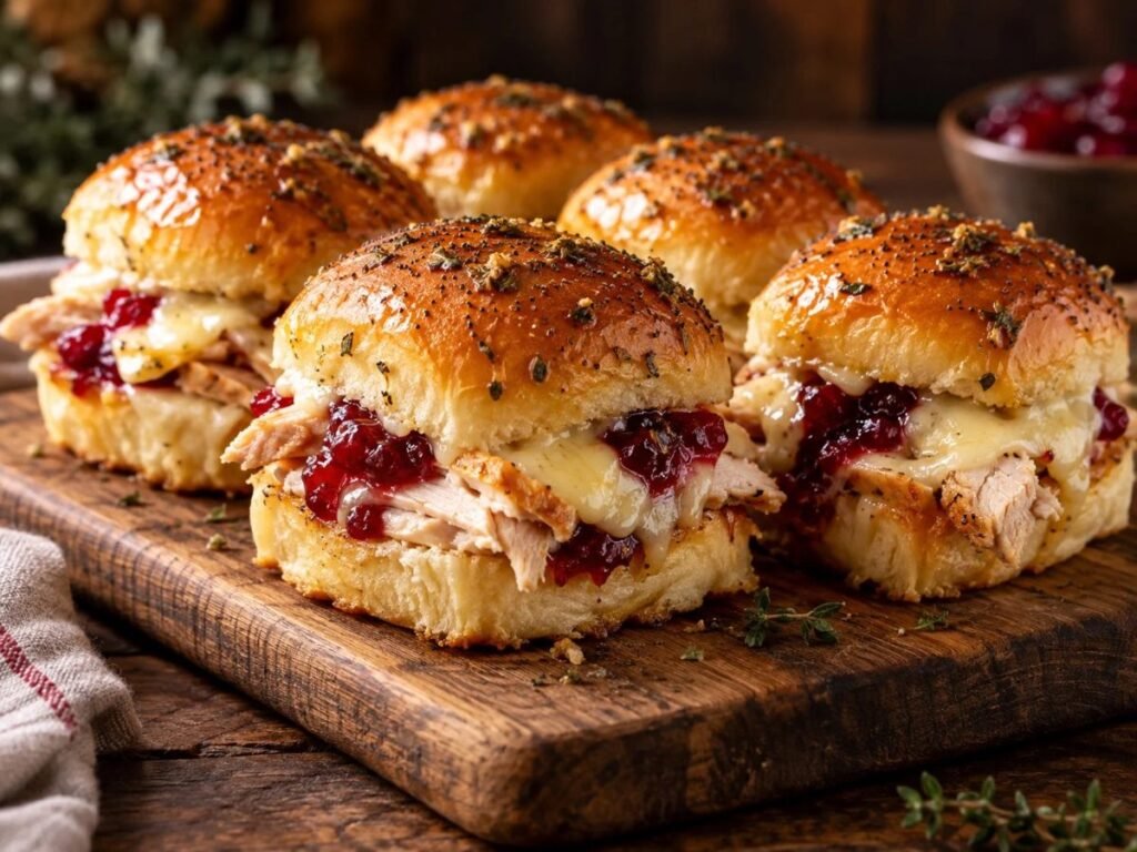 Sweet roll turkey sliders with melted cheese and cranberry sauce on a wooden board