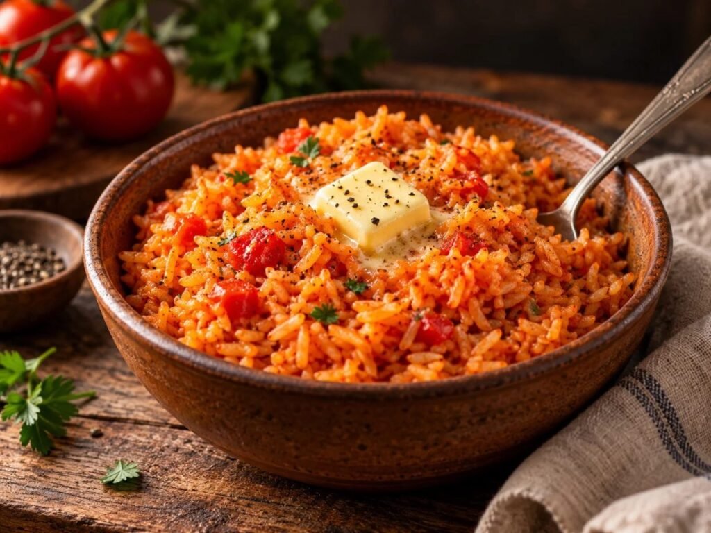Tomato and butter rice with a pat of butter in a bowl