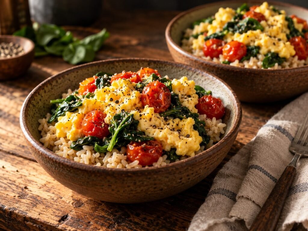 Scrambled eggs with spinach and cherry tomatoes over brown rice