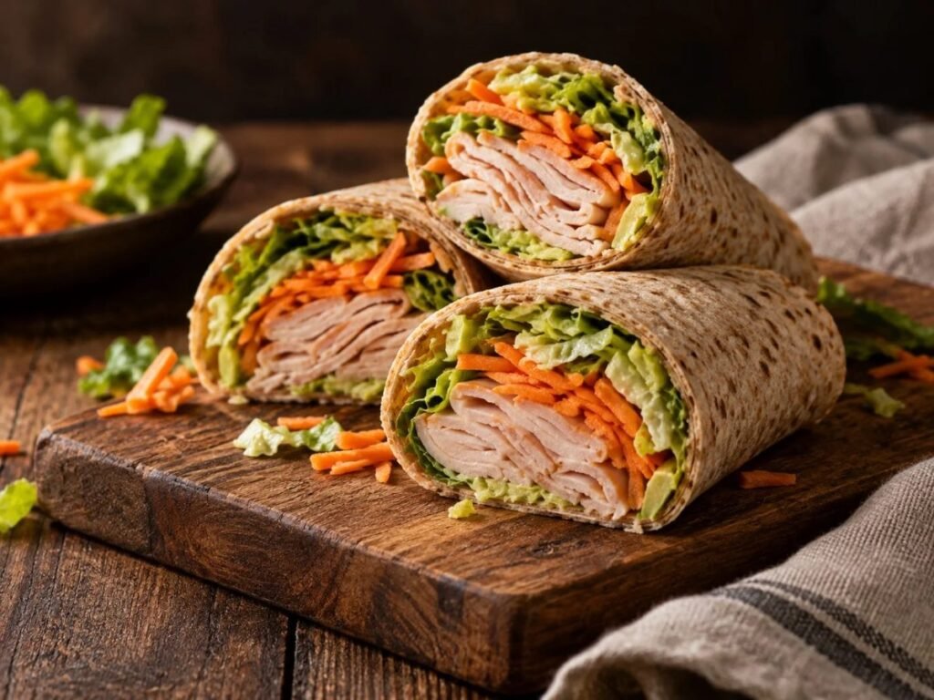Turkey and veggie wraps cut in half to show the filling