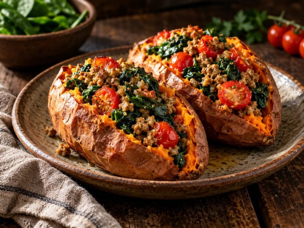Baked sweet potatoes stuffed with ground turkey, spinach, and cherry tomatoes