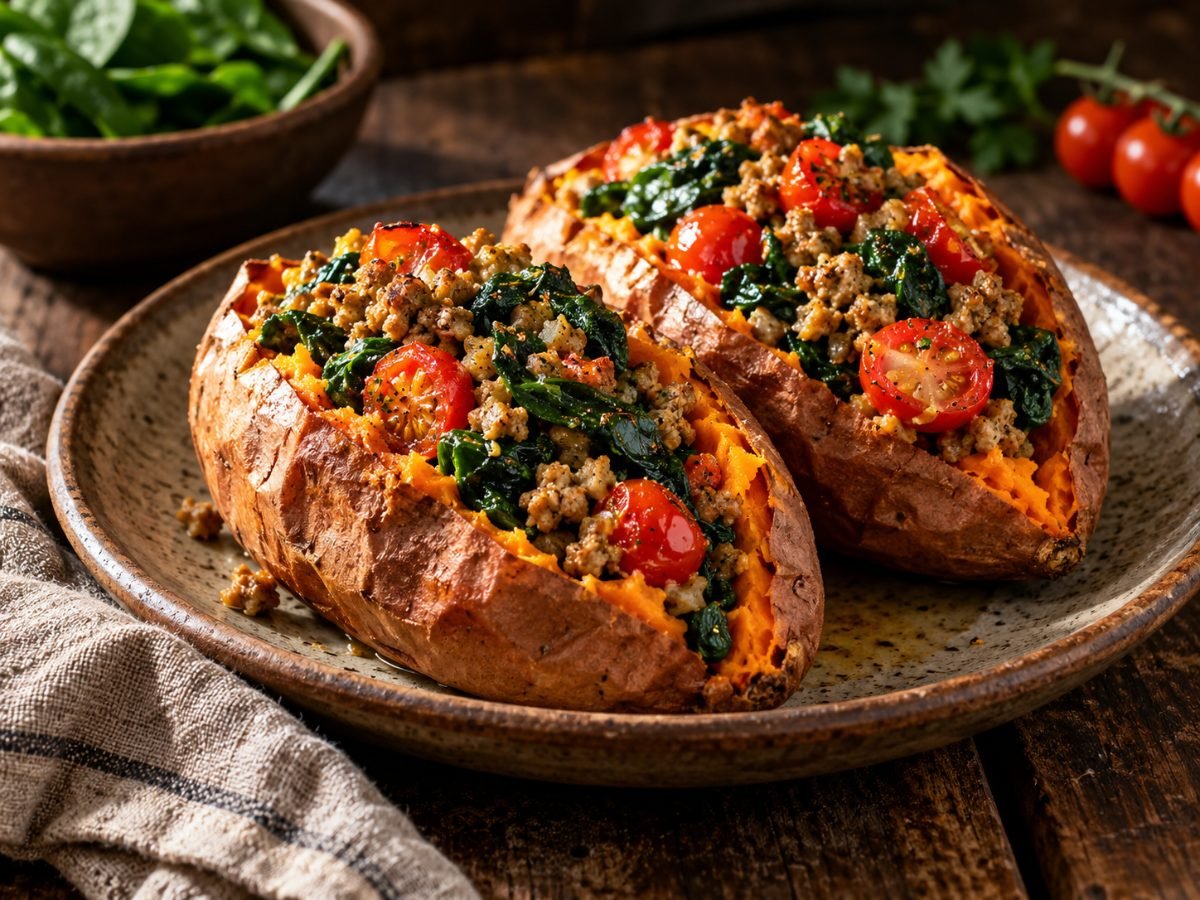 Turkey & Spinach Stuffed Sweet Potatoes