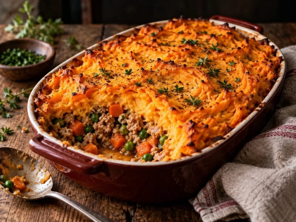 Turkey sweet potato shepherd’s pie in a baking dish