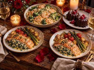 Budget-Friendly Romance: Valentine’s Dinner for 2 at Home Valentine’s dinner at home for two with shrimp pasta, stuffed salmon and mini bundt cakes by candlelight