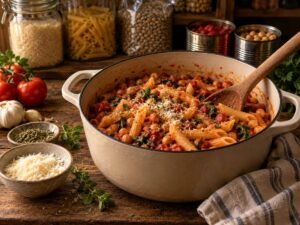 What to Cook When There’s Nothing in the Fridge: 10 Pantry Meals One-pot tomato and herb pasta in front of a pantry shelf with rice, pasta and canned goods